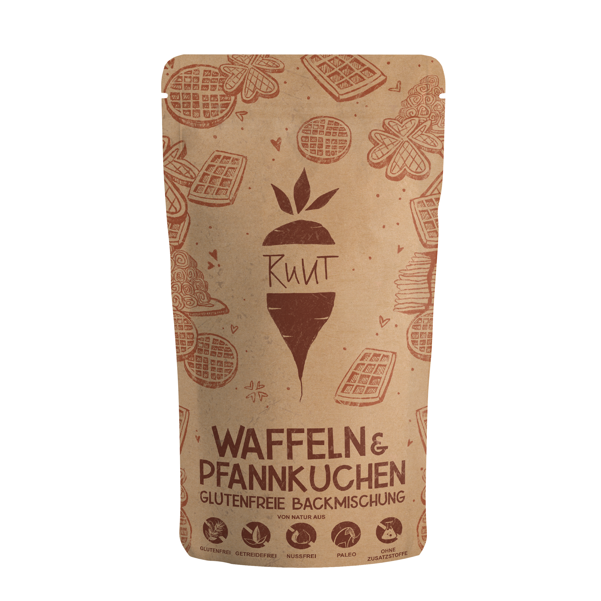Braune Verpackung mit der Aufschrift Ruut Waffeln & Pfannkuchen glutenfreie Backmischung mit Waffel- und Pfannkuchenmotiven. Ideal für die Herstellung von leckeren, glutenfreien Waffeln und Pfannkuchen - kein Weizenmehl erforderlich. | #locale_de