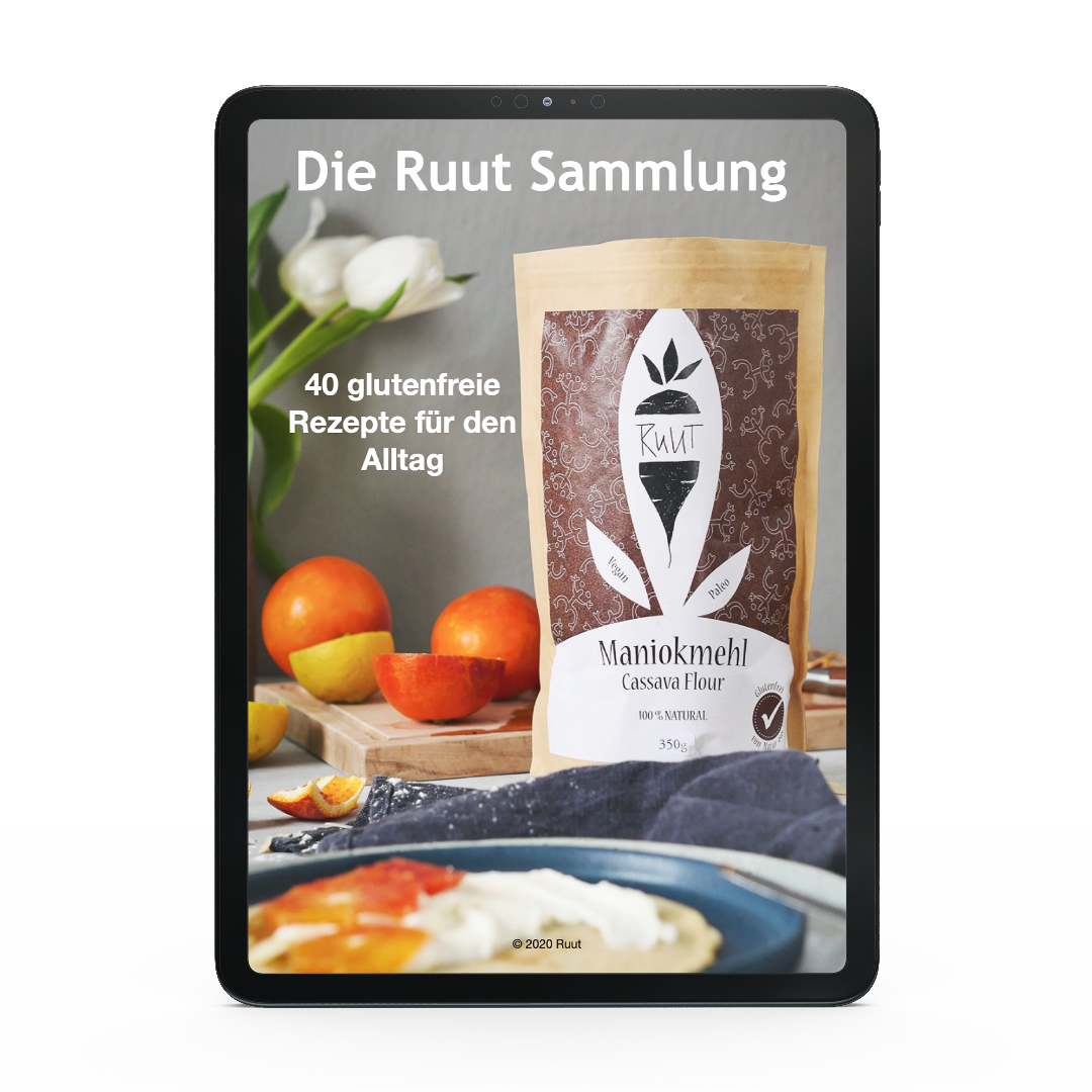 Ruut Tablet mit Maniokmehl-Paket, frischen Früchten und Text für über 40 glutenfreie Backrezepte auf Deutsch - alles ohne Zusatzstoffe.