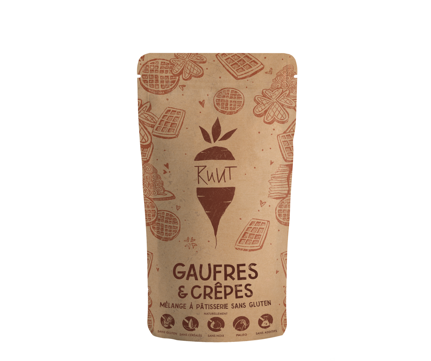 Emballage marron portant l'inscription « Ruut Waffeln & Pfannkuchen » : préparation sans gluten pour gaufres et crêpes, avec des motifs de gaufres et de crêpes. Idéal pour préparer de délicieuses gaufres et crêpes sans gluten – aucune farine de blé n'est nécessaire. | #locale_fr