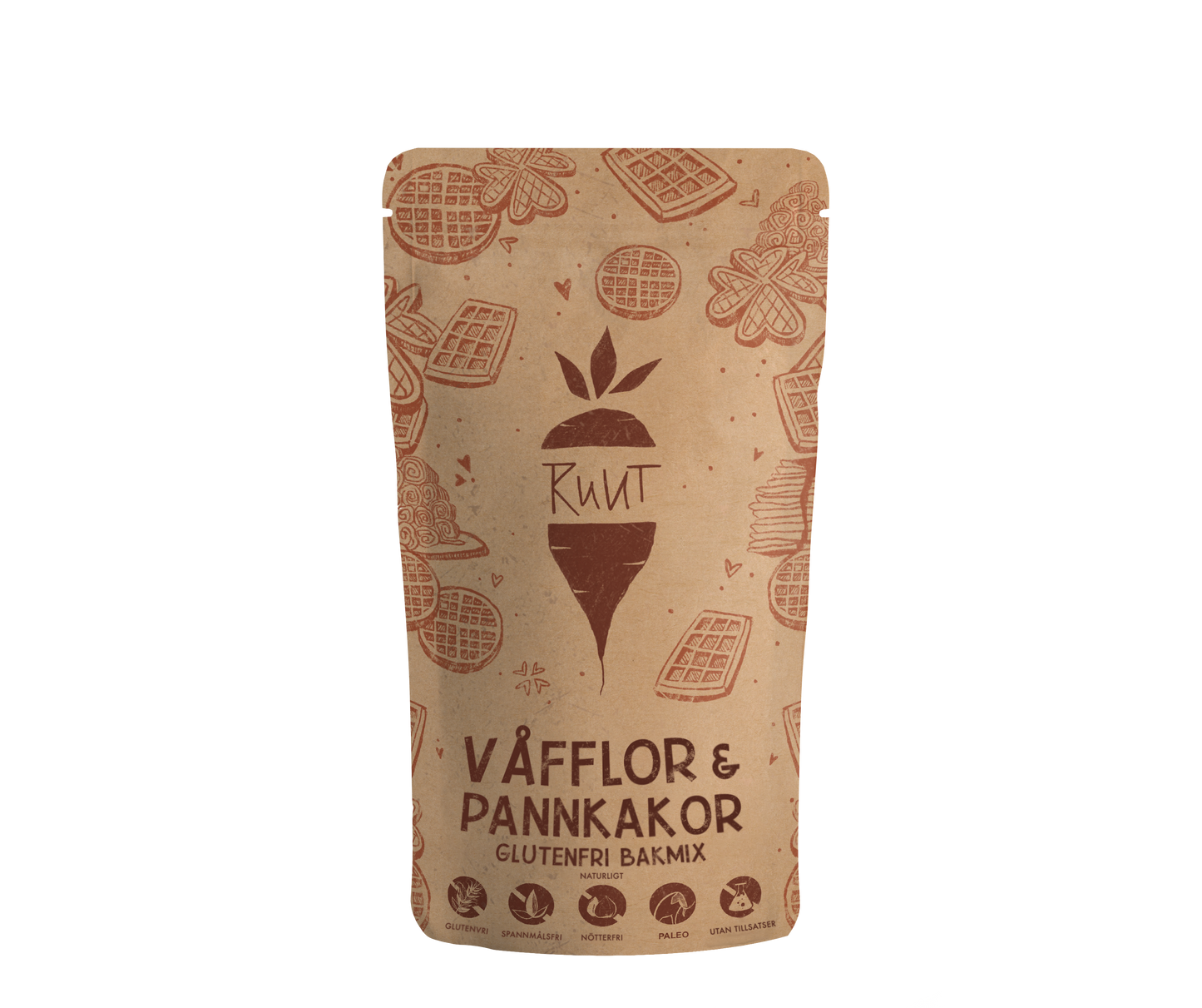 Brun emballage med påskriften »Ruut Waffeln & Pfannkuchen« – glutenfri bageblanding med motiver af vafler og pandekager. Perfekt til at lave lækre, glutenfri vafler og pandekager – ingen hvedemel nødvendigt. | #locale_da