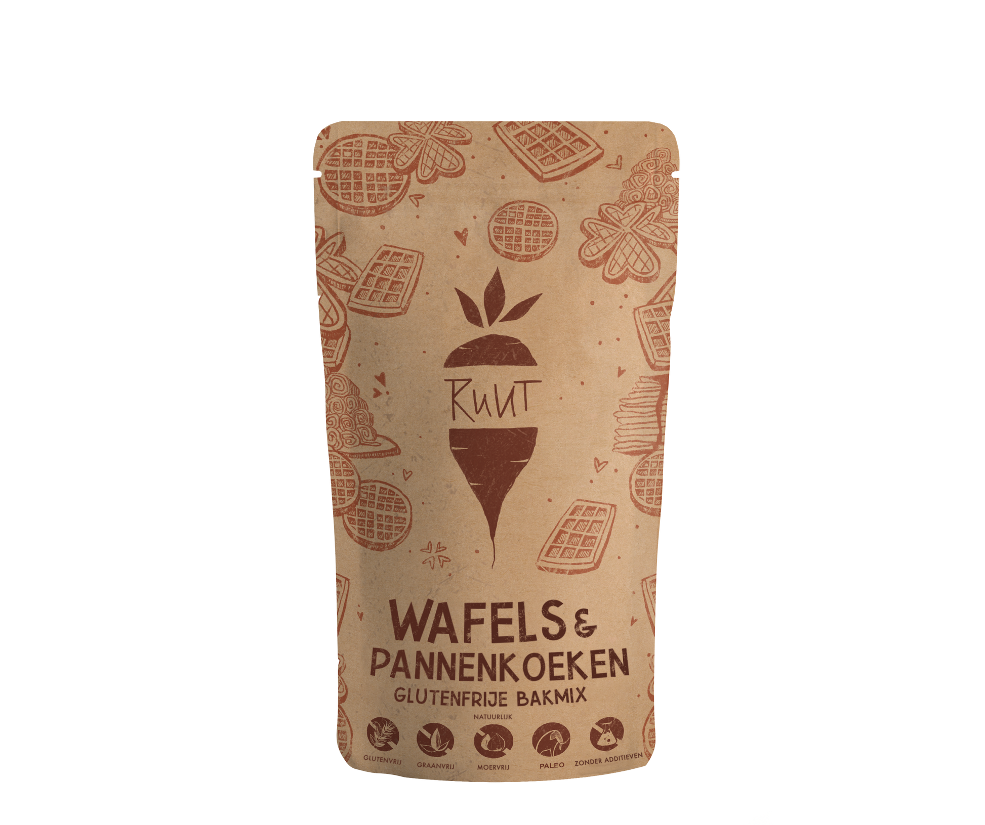Bruine verpakking met het opschrift ‘Ruut Wafels & Pannenkoeken’ – glutenvrije bakmix met afbeeldingen van wafels en pannenkoeken. Ideaal voor het maken van heerlijke, glutenvrije wafels en pannenkoeken – geen tarwemeel nodig.