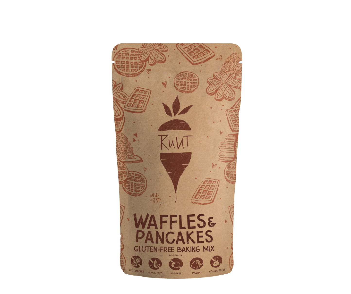 Brown packaging labeled “Ruut Waffles & Pancakes Gluten-Free Baking Mix” featuring waffle and pancake designs. Ideal for making delicious, gluten-free waffles and pancakes—no wheat flour required. | #locale_en