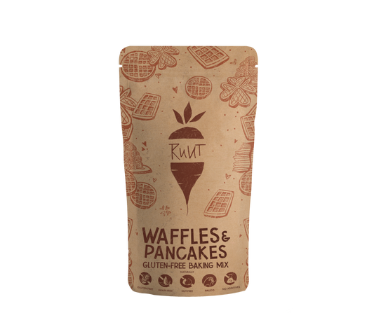 Brown packaging labeled “Ruut Waffles & Pancakes Gluten-Free Baking Mix” featuring waffle and pancake designs. Ideal for making delicious, gluten-free waffles and pancakes—no wheat flour required.