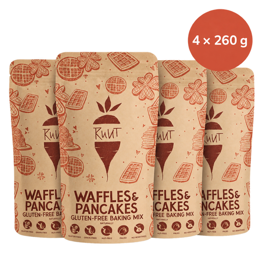 Four individually sealed Ruut gluten-free waffle and pancake mix bags, 260 g each – 1,040 g in total.
