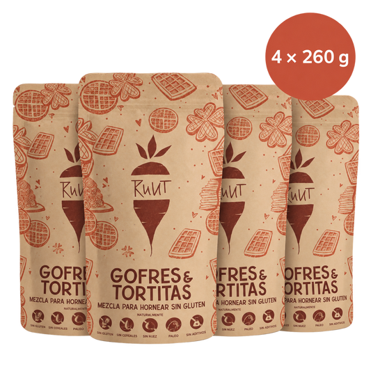 Cuatro bolsas individuales Ruut de preparado sin gluten para gofres y tortitas, de 260 g cada una – 1.040 g en total.