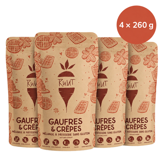 Quatre sachets individuels Ruut de préparation sans gluten pour gaufres et crêpes, de 260 g chacun – 1 040 g au total.