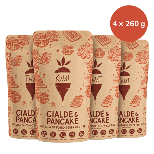 Quattro sacchetti singoli Ruut di preparato senza glutine per waffle e pancake, da 260 g ciascuno – 1.040 g in totale.