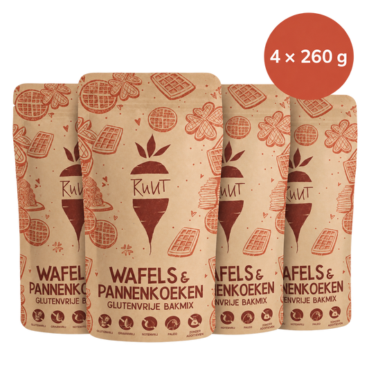 Vier afzonderlijke Ruut-zakjes glutenvrije mix voor wafels en pannenkoeken van elk 260 g – in totaal 1.040 g.