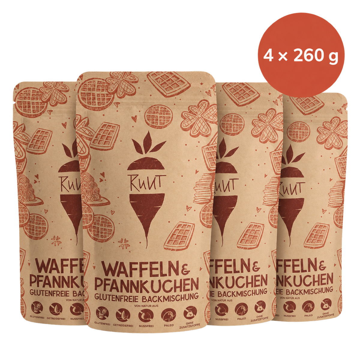 Vier Ruut Beutel glutenfreie Waffel- und Pfannkuchenbackmischung à 260 g – Viererpack mit insgesamt 1.040 g.